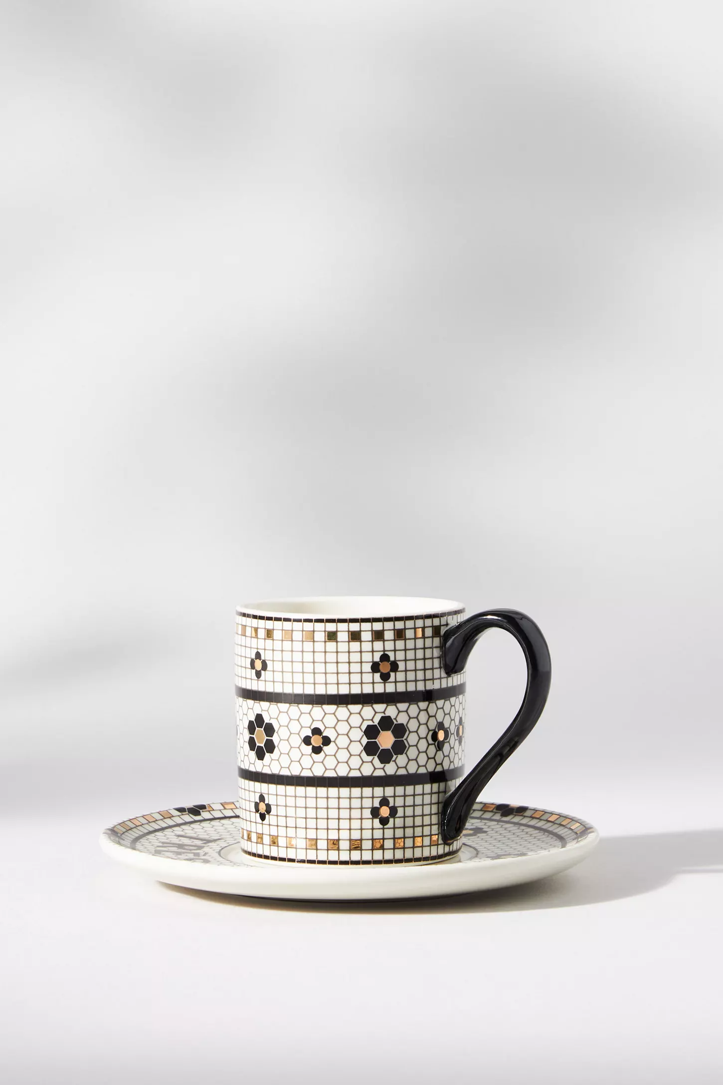 Bistro Tile Stoneware 24k Gold Accent Espresso Cup & Saucer
